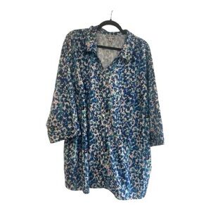 Catherines Womens Artsy Button Up Top Size 3X Blue Office Polyester Mature Flowy